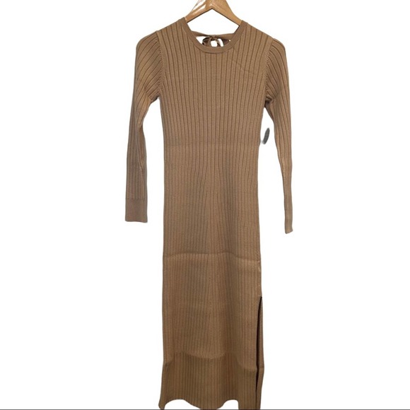 Wayf Ribbed Knit Sweater Dress Midi Tan Cutout Tie Emily x Dede Size XSmall New - Picture 1 of 11